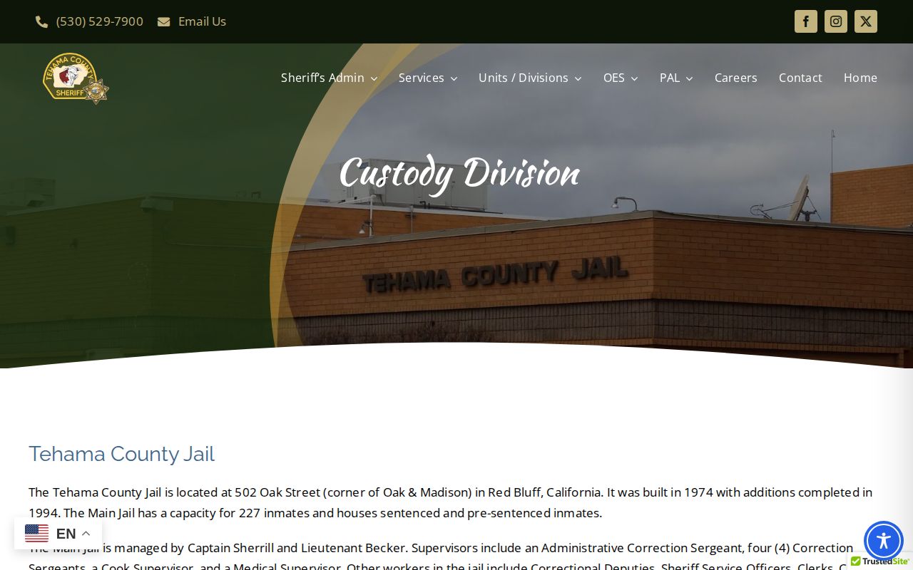 Tehama County Sheriff Custody Division webpage