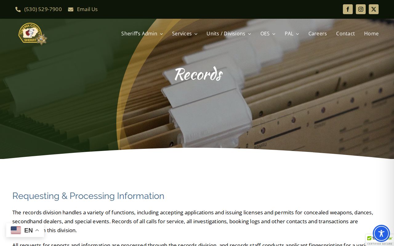 Tehama County Sheriff Records Division webpage