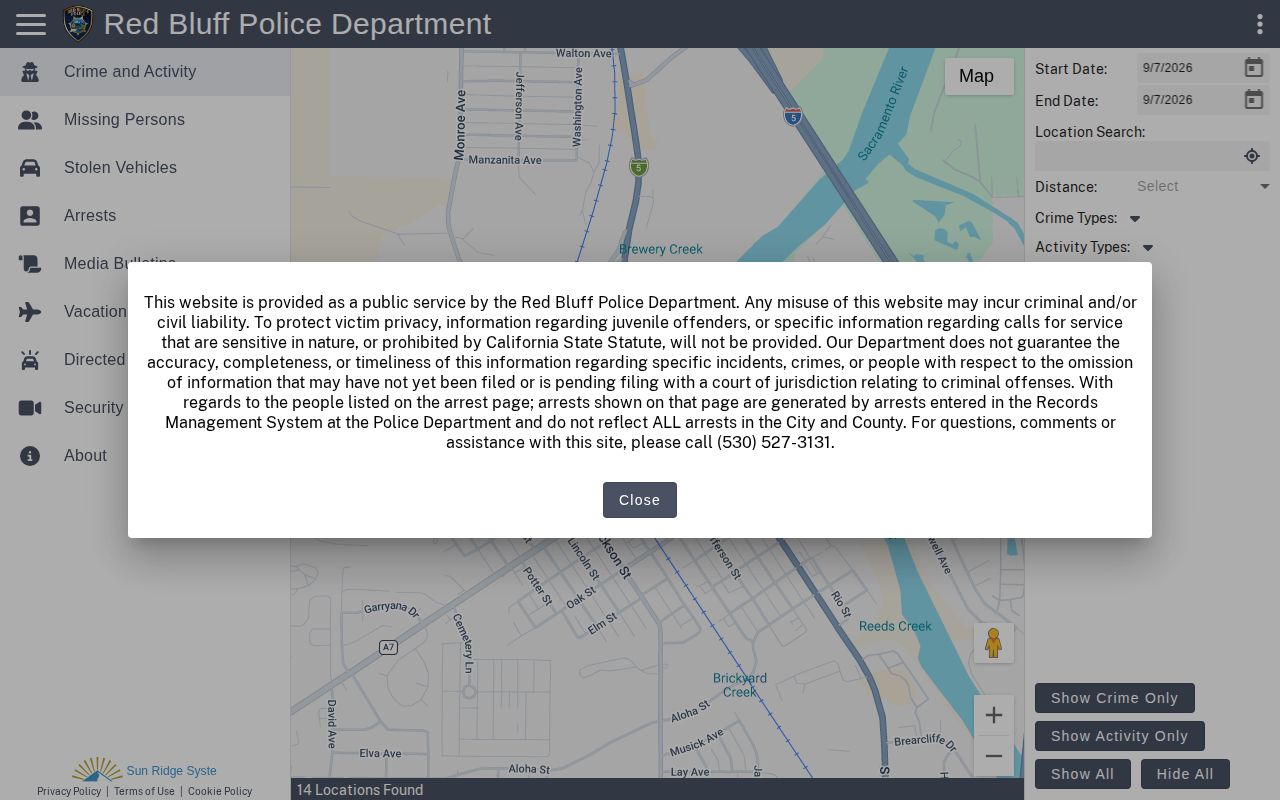 Red Bluff Citizen RIMS public incident and arrest report interface