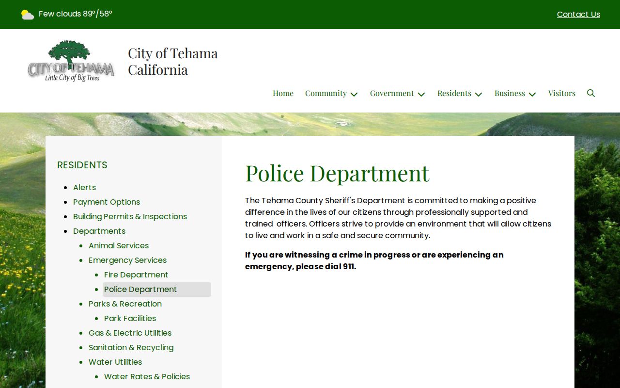 City of Tehama official page identifying Sheriff service for Tehama arrests