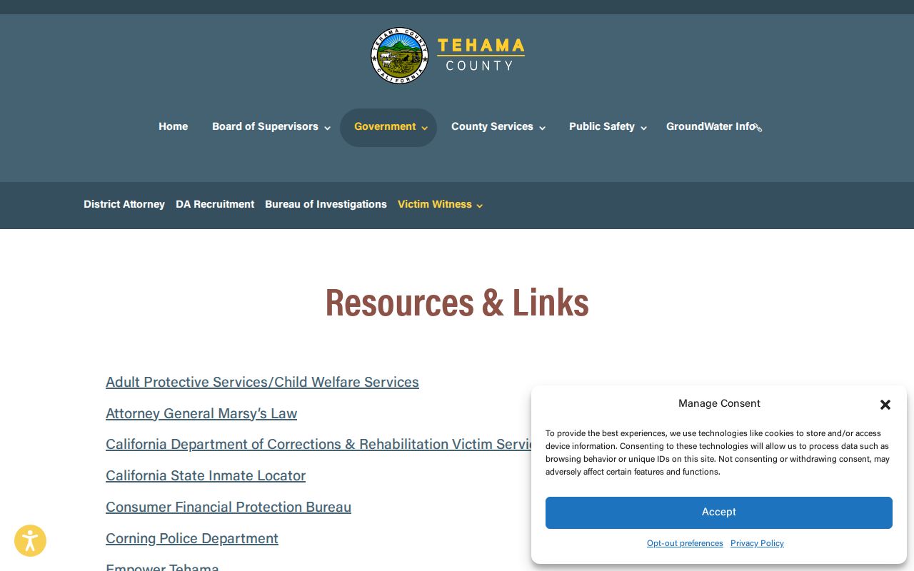 Tehama County victim resources linking VINE custody alerts after arrest
