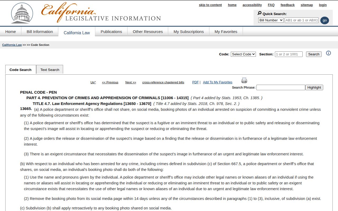 California Penal Code section 13665 webpage