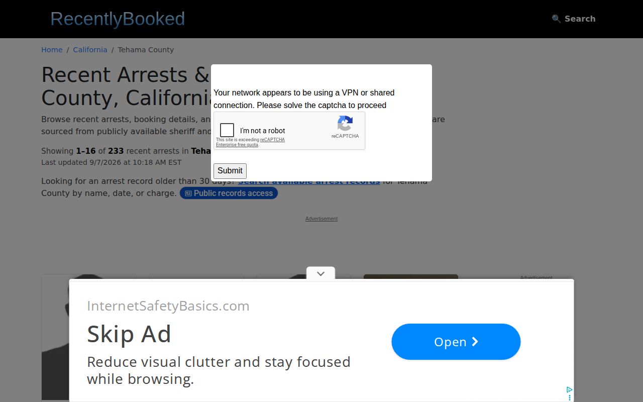 Unofficial RecentlyBooked Tehama County arrest reports page