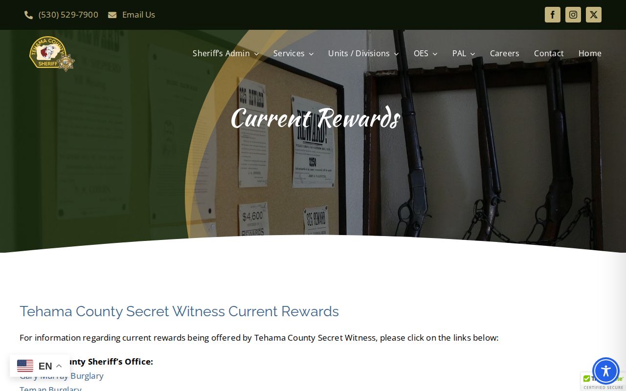 Tehama County Sheriff Current Rewards webpage